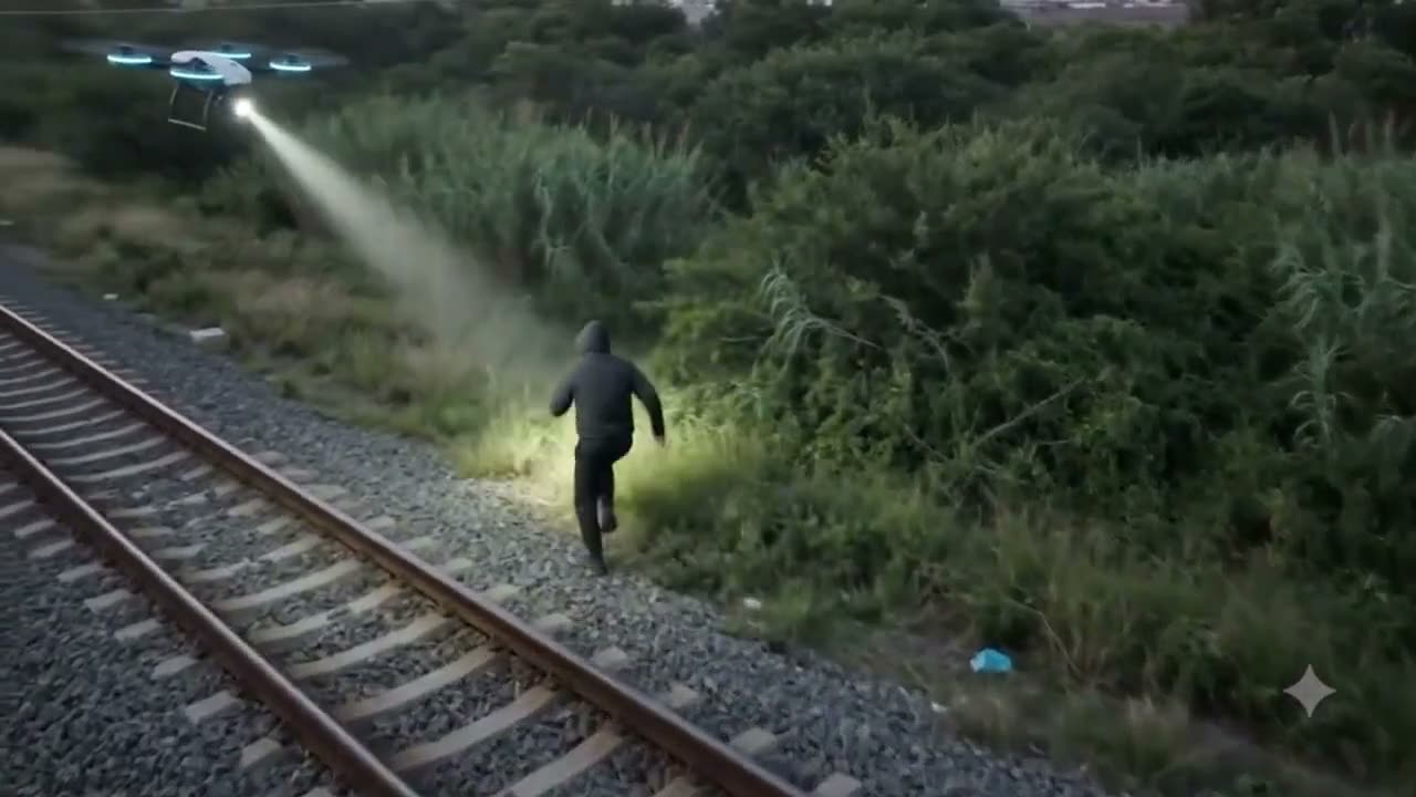 Drone lighting up an intruder beside a railway line