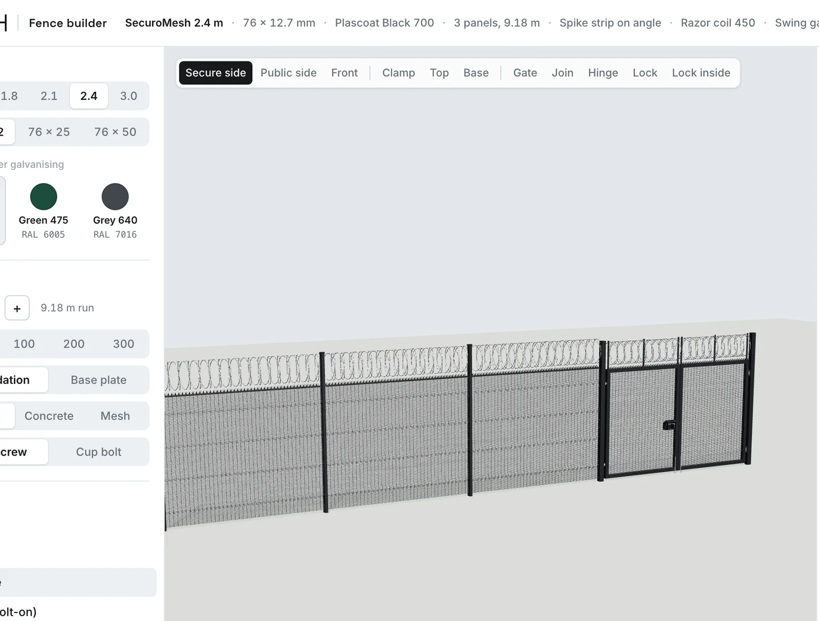 The Securomesh 3D fence builder showing a fence with spikes, razor coil and a double swing gate